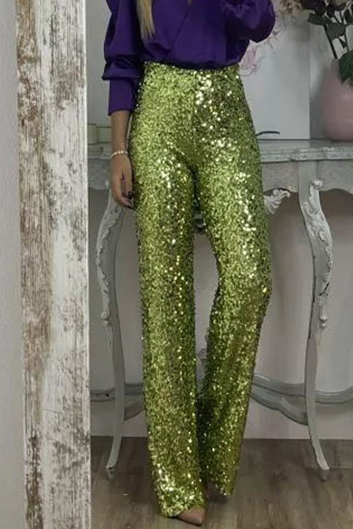 Green Yellow Sequin Straight-Leg Pants on-model view
