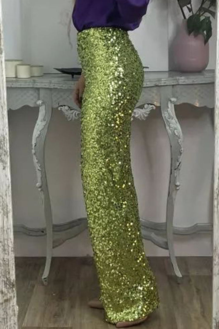 Green Yellow Sequin Straight-Leg Pants sequin detail view