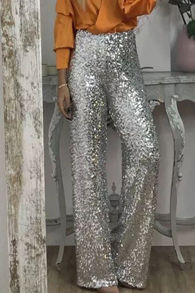 Silver Sequin Straight-Leg Pants on-model front view