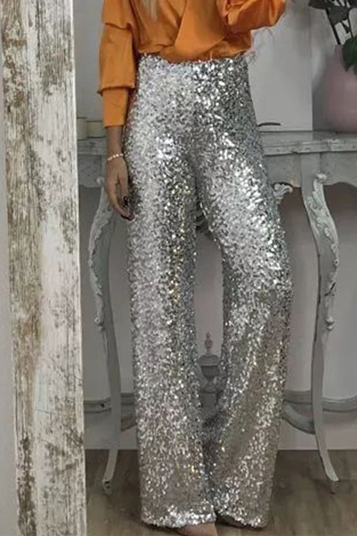 Silver Sequin Straight-Leg Pants on-model front view
