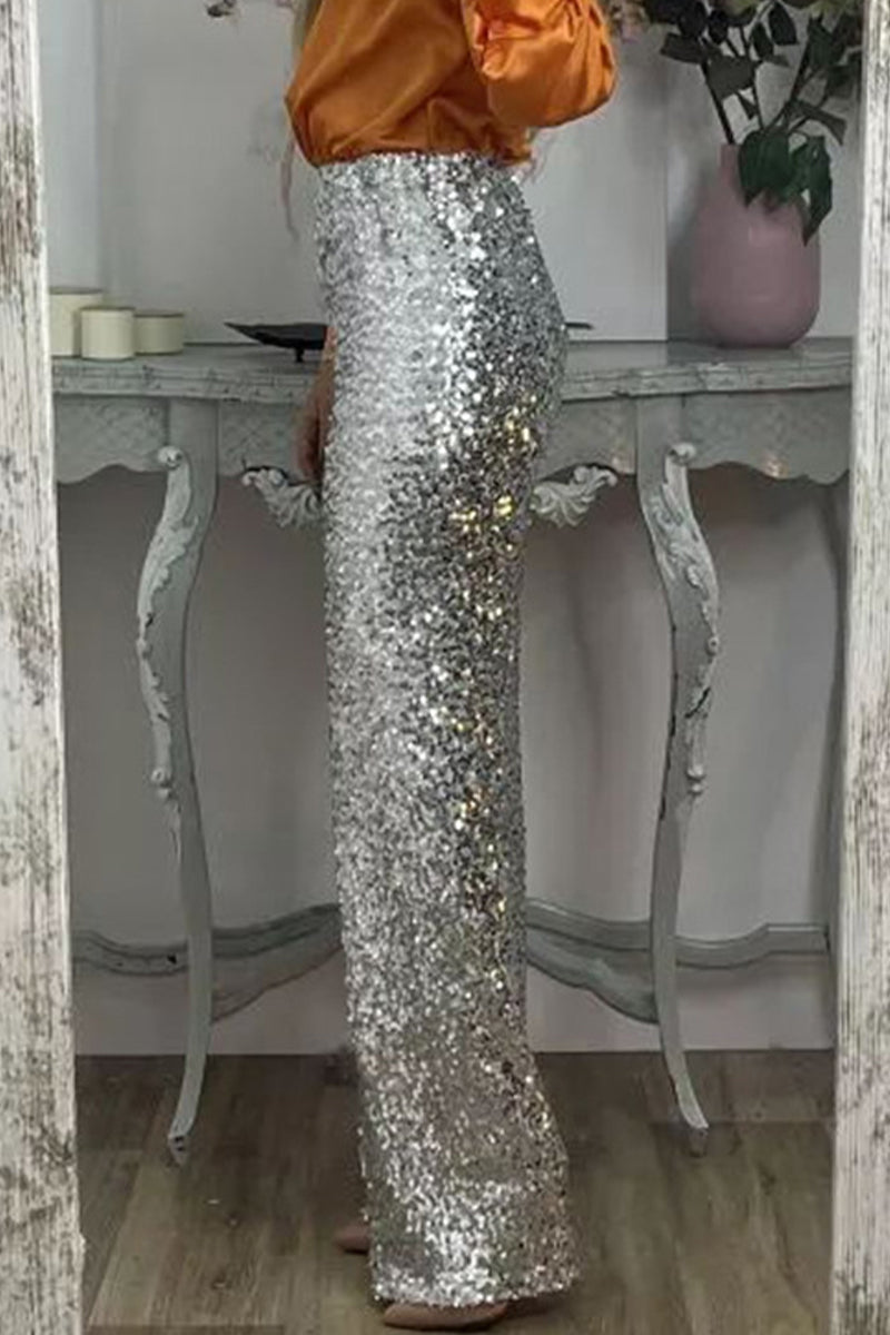 Silver Sequin Straight-Leg Pants on-model side view