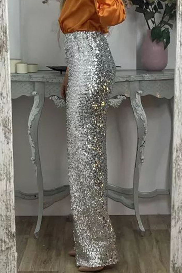 Silver Sequin Straight-Leg Pants on-model side view