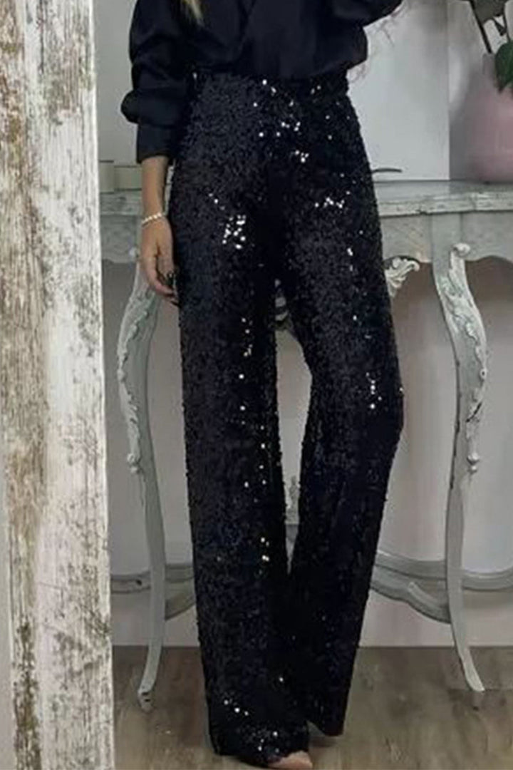Black Sequin Straight-Leg Pants on-model front view