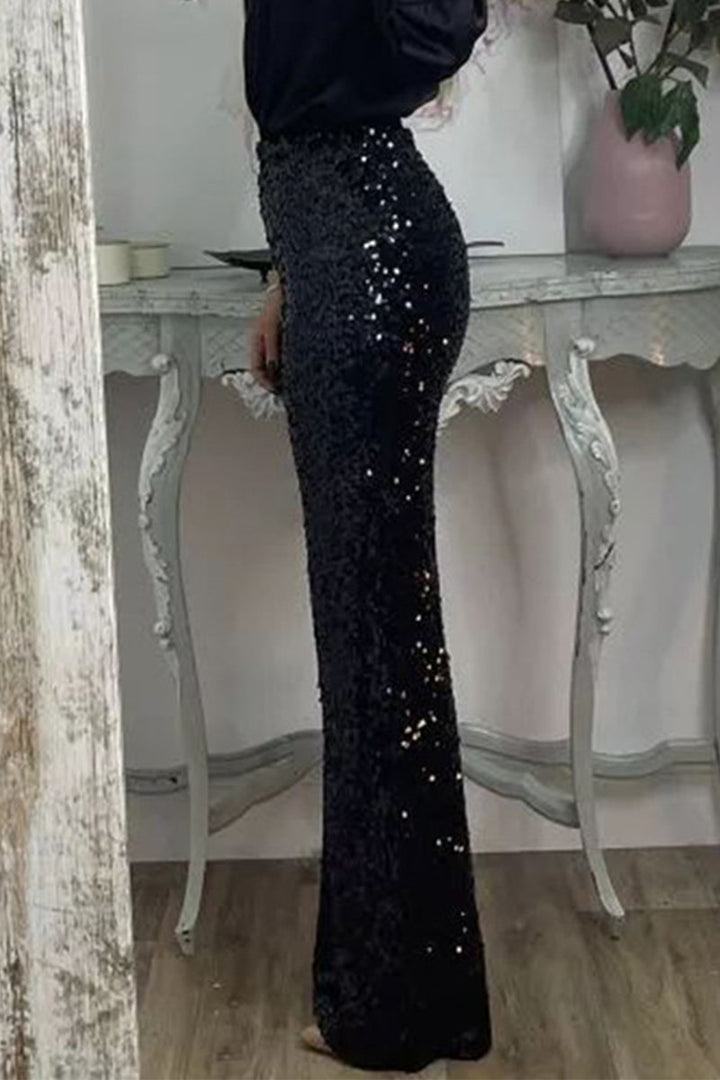 Black Sequin Straight-Leg Pants on-model side view