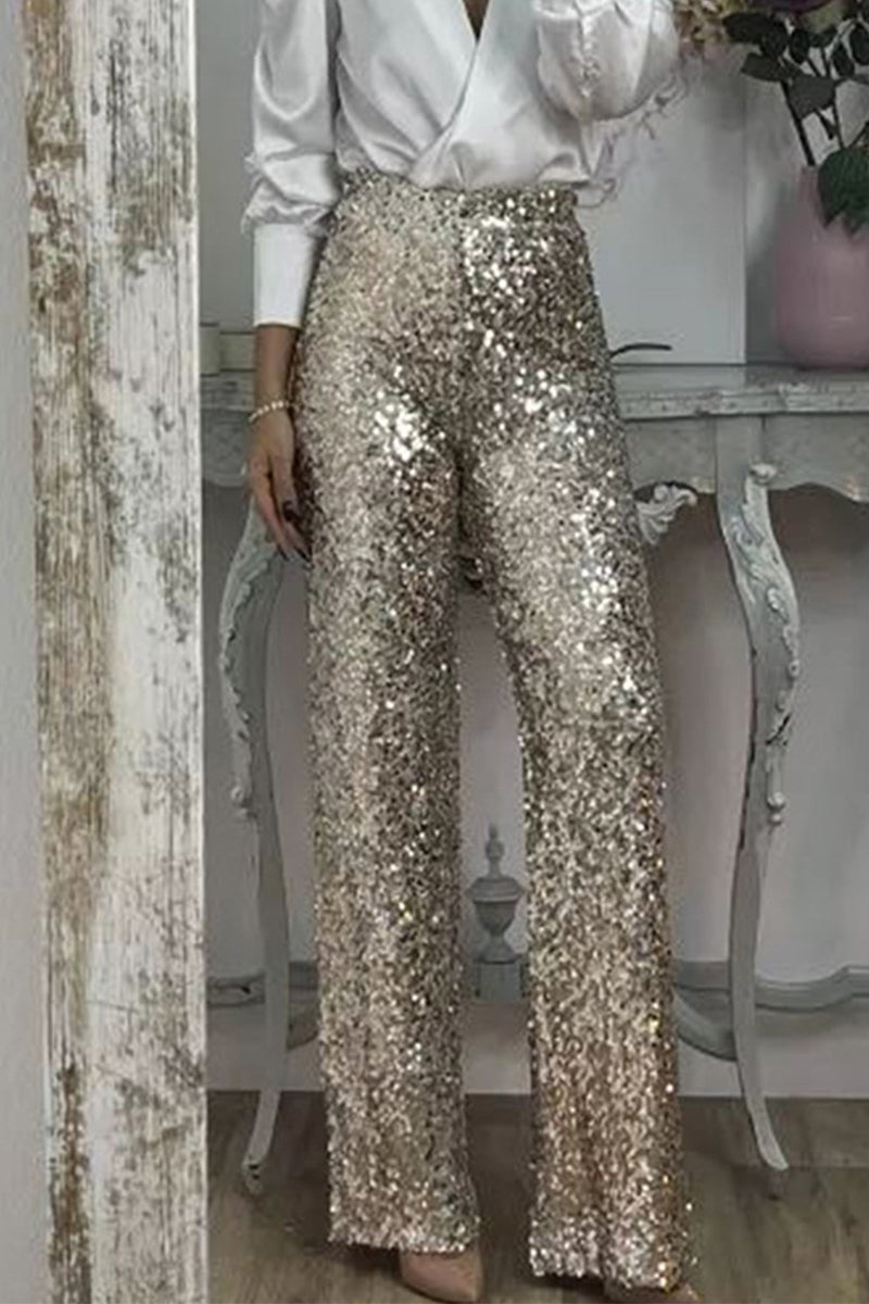 Gold Sequin Straight-Leg Pants on-model front view