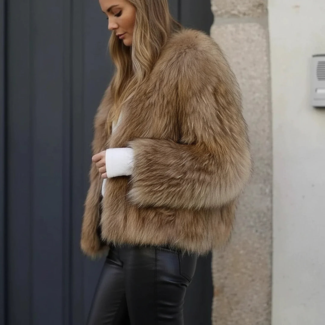 Brown Shaggy Plush Cropped Jacket worn lifestyle