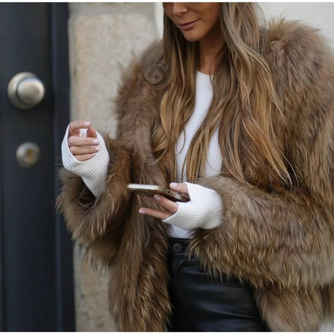 Brown Shaggy Plush Cropped Jacket worn front view