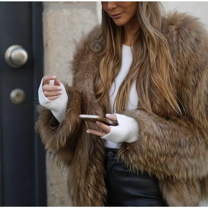 Brown Shaggy Plush Cropped Jacket worn front view