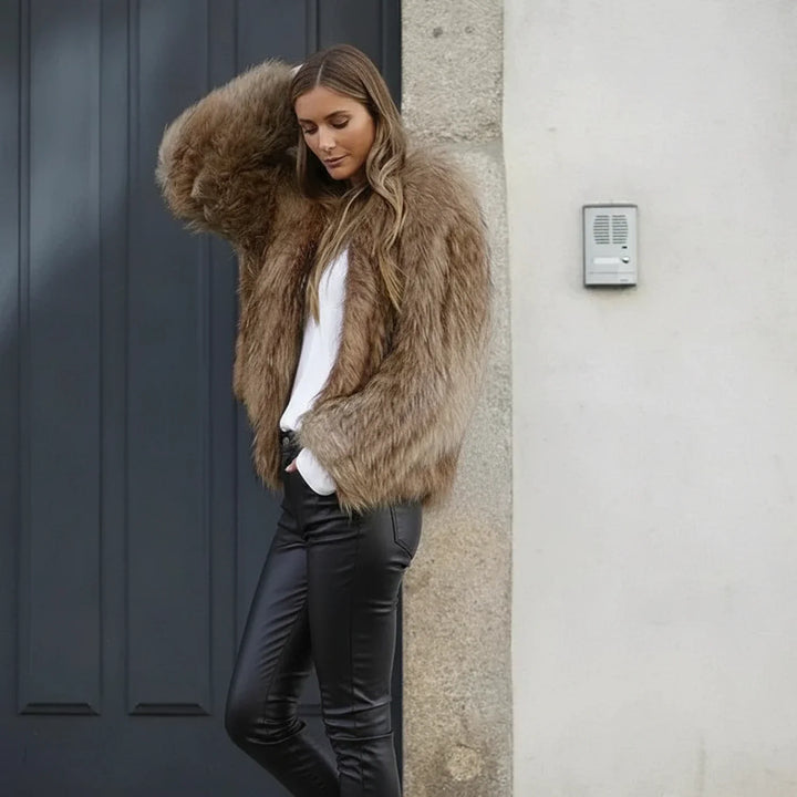 Brown Shaggy Plush Cropped Jacket worn side view