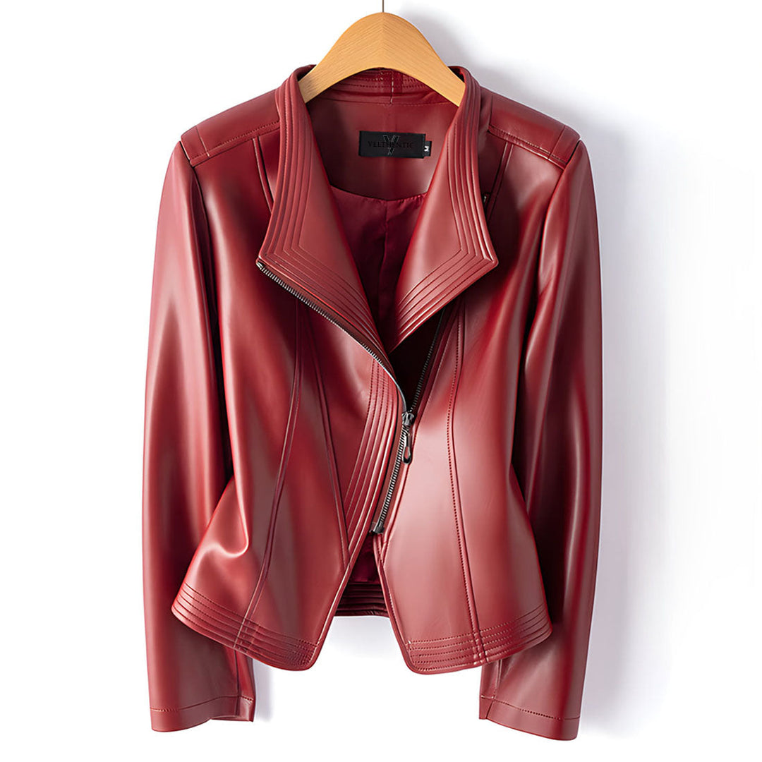 Sheepskin leather biker jacket with stand collar, product view 1