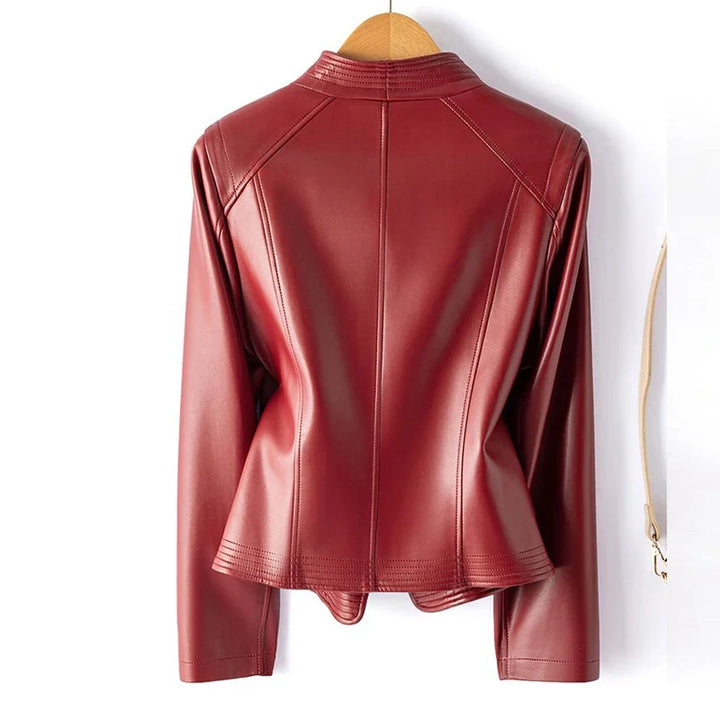 Sheepskin leather biker jacket with stand collar, product view 2
