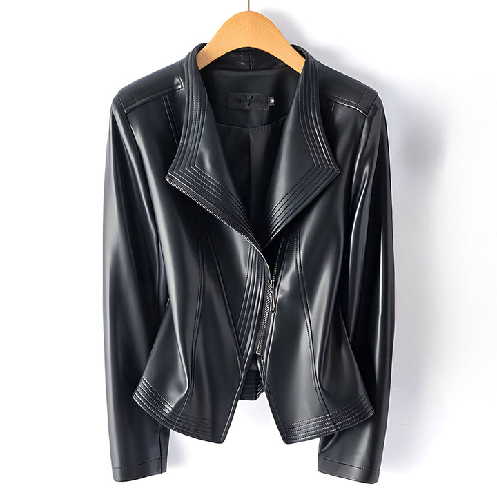 Black sheepskin leather biker jacket with stand collar, product view 3