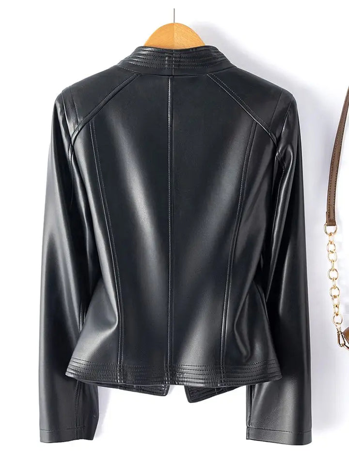 Sheepskin leather biker jacket with stand collar, product view 4