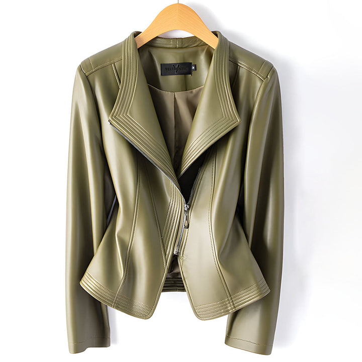 Sheepskin leather biker jacket with stand collar, product view 5
