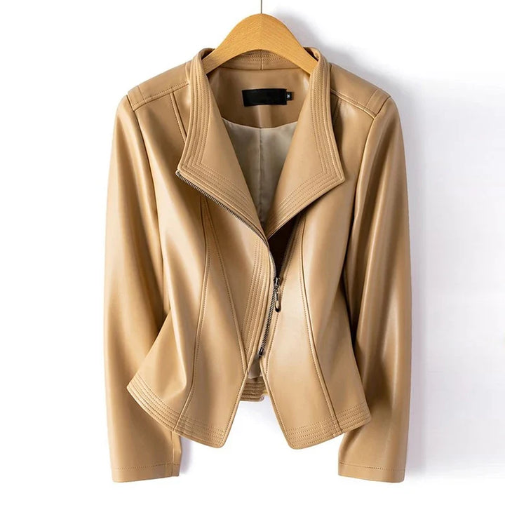 Sheepskin leather biker jacket with stand collar, product view 6