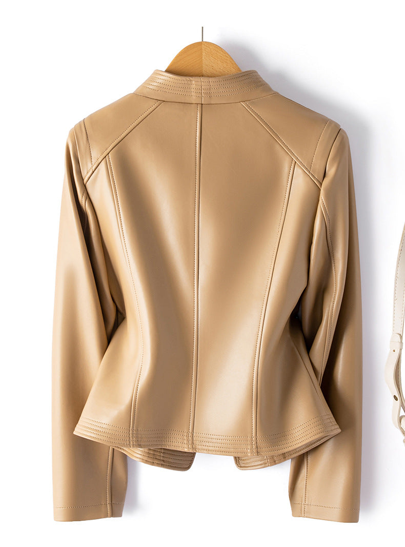 Sheepskin leather biker jacket with stand collar, product view 7