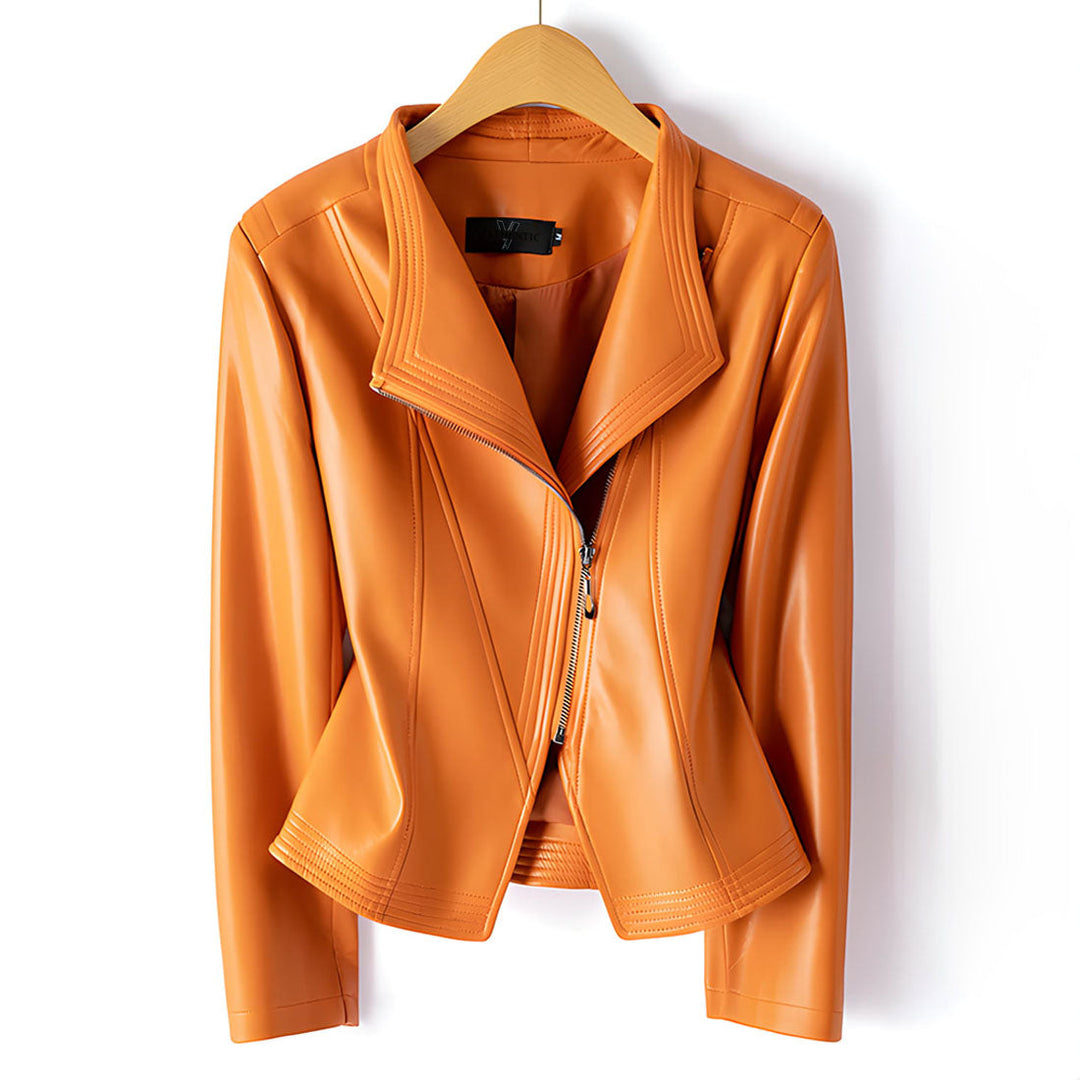 Sheepskin leather biker jacket with stand collar, product view 8