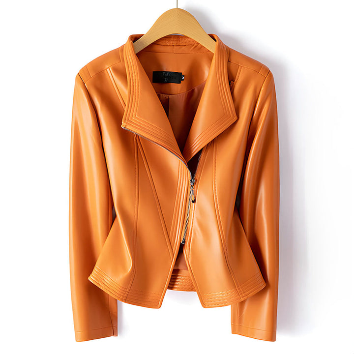 Sheepskin leather biker jacket with stand collar, product view 8