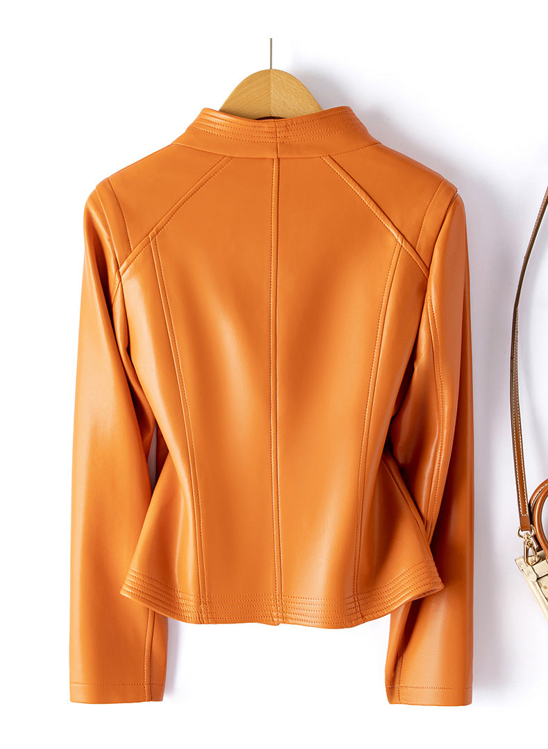 Sheepskin leather biker jacket with stand collar, product view 9