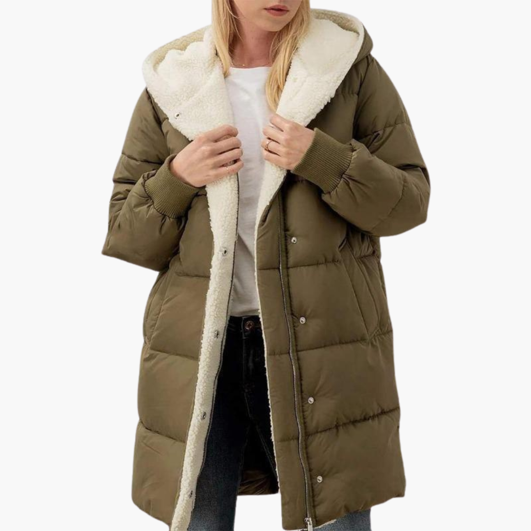 Army Green Sherpa-Lined Chevron-Quilted Puffer Coat worn front view