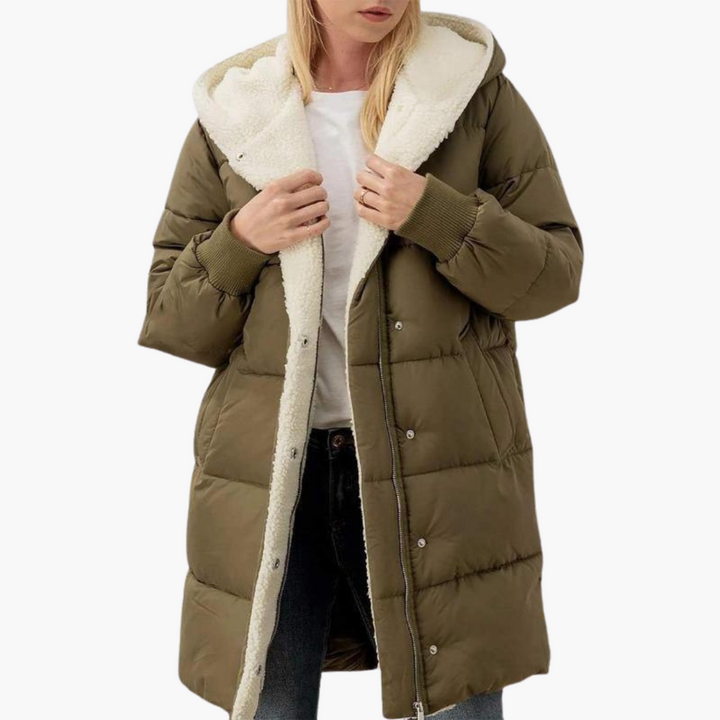 Army Green Sherpa-Lined Chevron-Quilted Puffer Coat worn front view