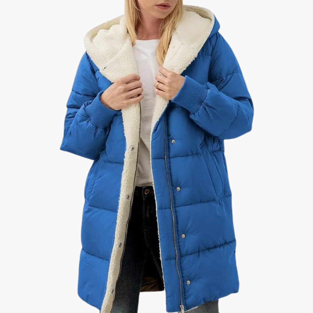 Blue Sherpa-Lined Chevron-Quilted Puffer Coat worn front view