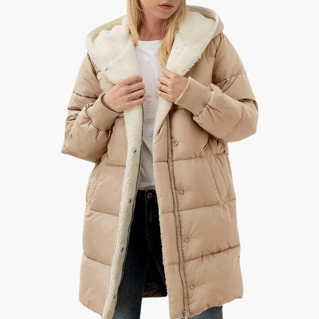 Khaki Sherpa-Lined Chevron-Quilted Puffer Coat worn front view