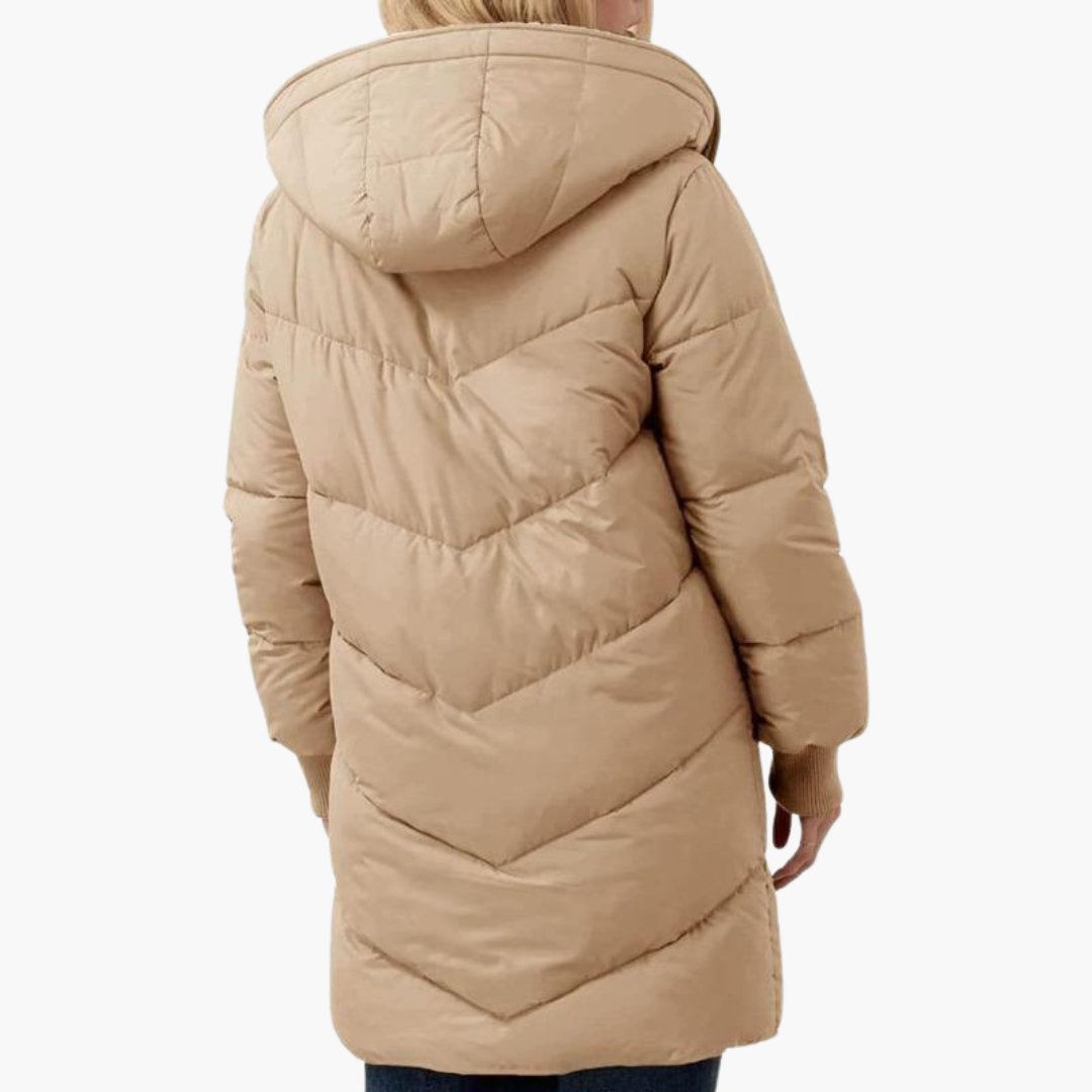 Khaki Sherpa-Lined Chevron-Quilted Puffer Coat back view