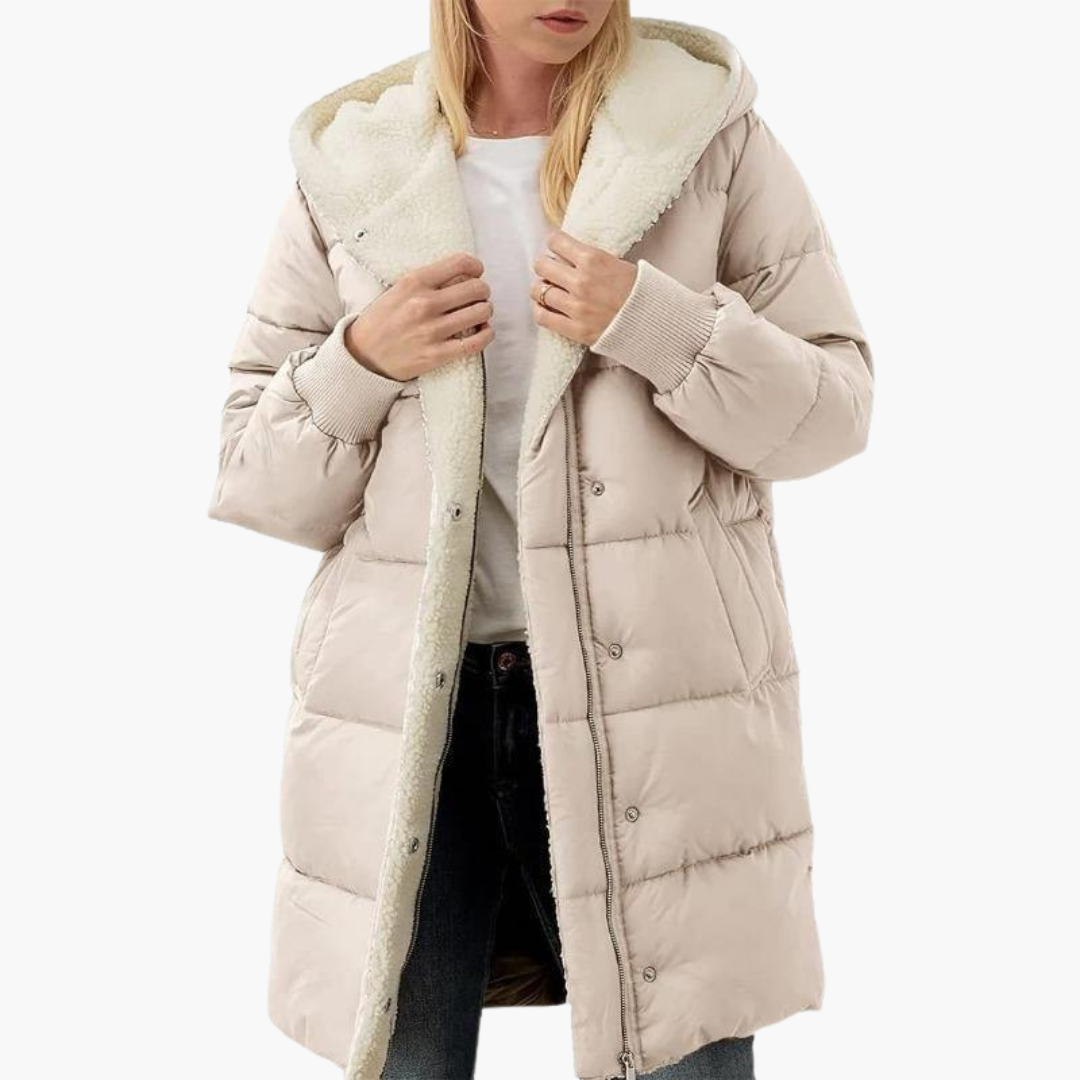 Apricot Sherpa-Lined Chevron-Quilted Puffer Coat worn front view