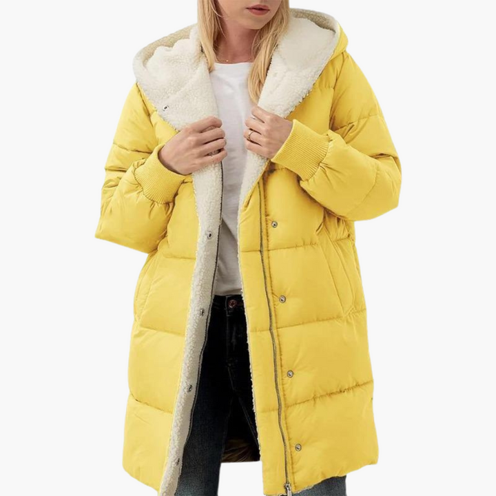 Yellow Sherpa-Lined Chevron-Quilted Puffer Coat worn front view