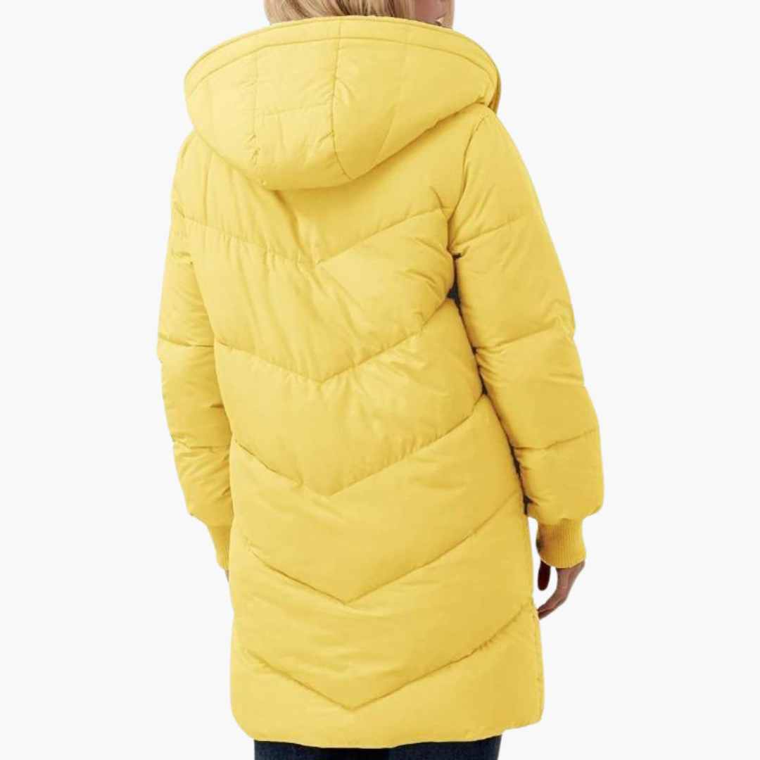 Yellow Sherpa-Lined Chevron-Quilted Puffer Coat back view