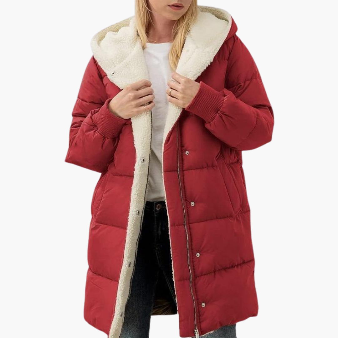 Red Sherpa-Lined Chevron-Quilted Puffer Coat worn front view