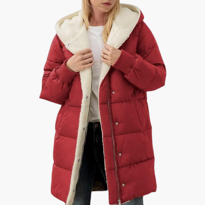 Red Sherpa-Lined Chevron-Quilted Puffer Coat worn front view