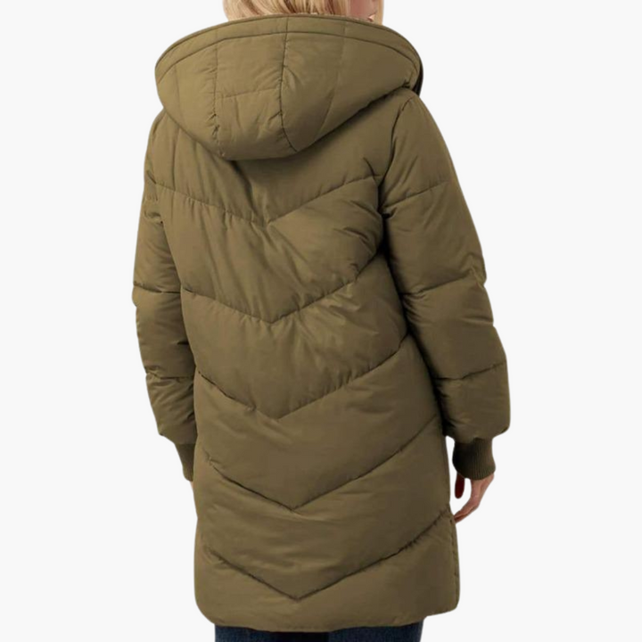 Army Green Sherpa-Lined Chevron-Quilted Puffer Coat back view
