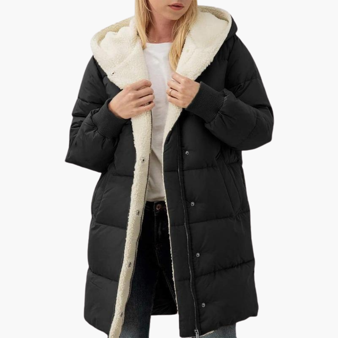 Black Sherpa-Lined Chevron-Quilted Puffer Coat worn front view