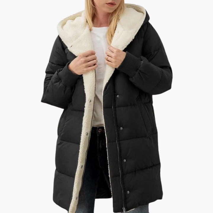 Black Sherpa-Lined Chevron-Quilted Puffer Coat worn front view