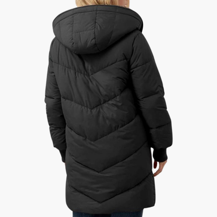 Black Sherpa-Lined Chevron-Quilted Puffer Coat back view