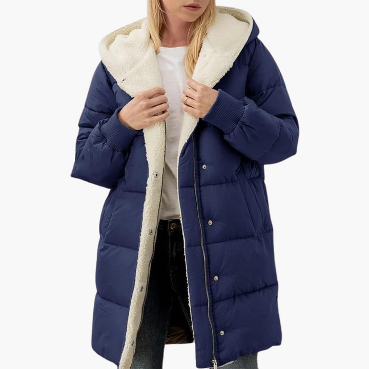 Navy Sherpa-Lined Chevron-Quilted Puffer Coat worn front view