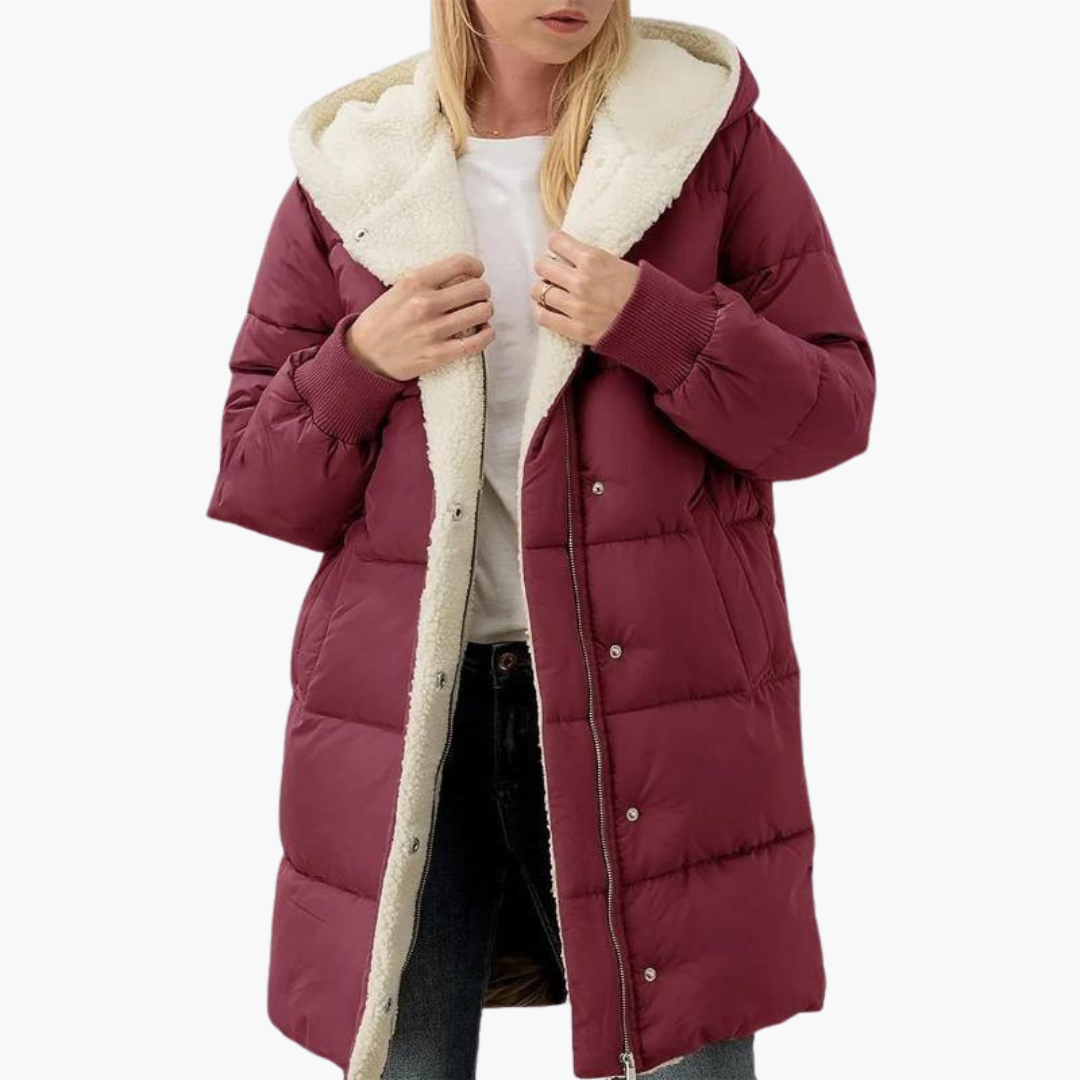 Claret Sherpa-Lined Chevron-Quilted Puffer Coat worn front view