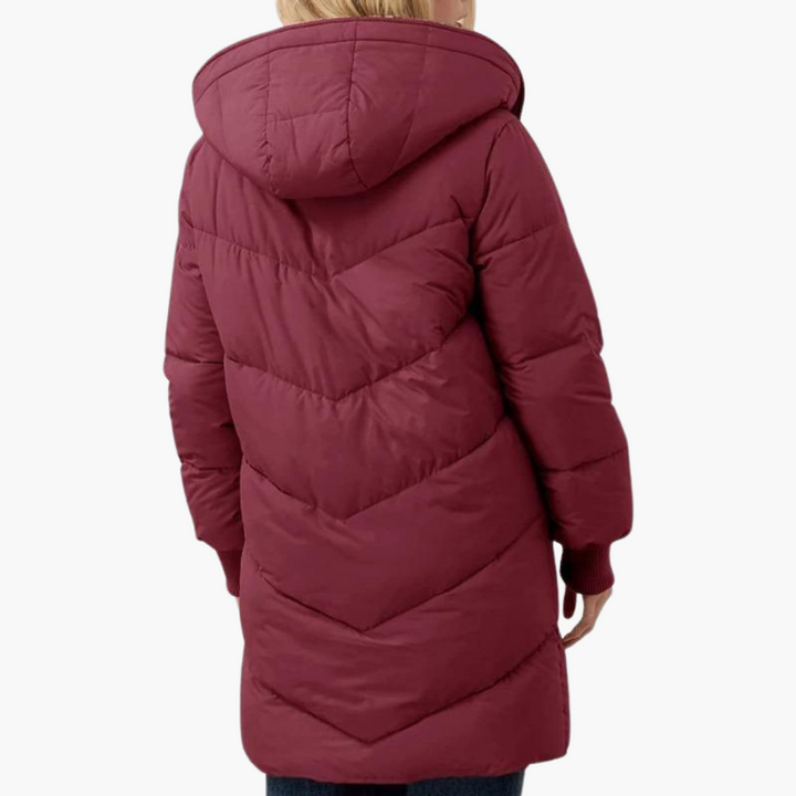 Claret Sherpa-Lined Chevron-Quilted Puffer Coat back view
