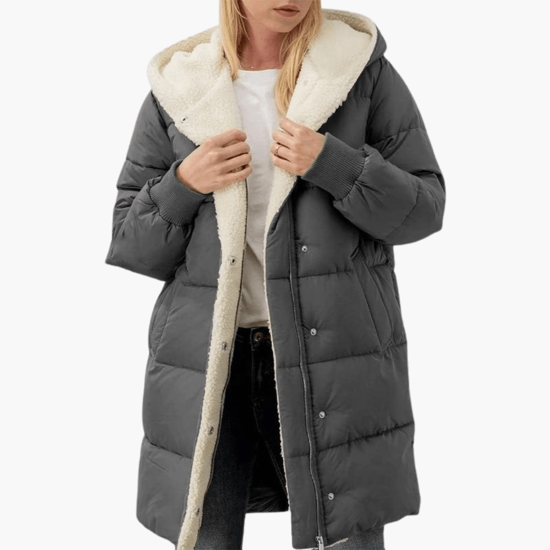 Grey Sherpa-Lined Chevron-Quilted Puffer Coat worn front view