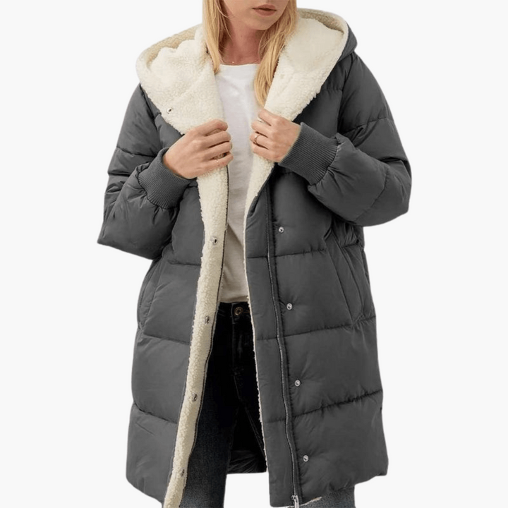 Grey Sherpa-Lined Chevron-Quilted Puffer Coat worn front view