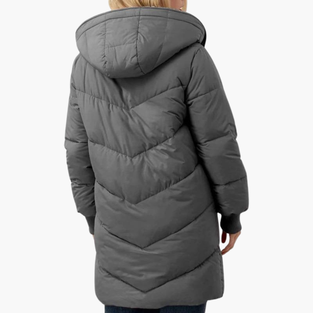 Grey Sherpa-Lined Chevron-Quilted Puffer Coat back view