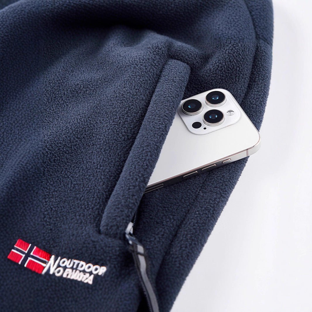 Dark Blue Sherpa-Lined Fleece Pants zip pocket detail