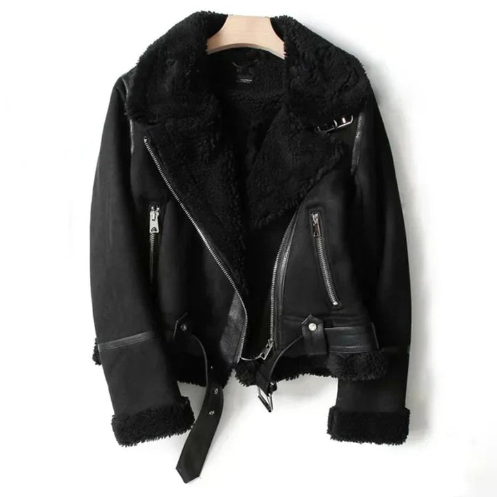 Black Sherpa-Lined Leather Jacket front view