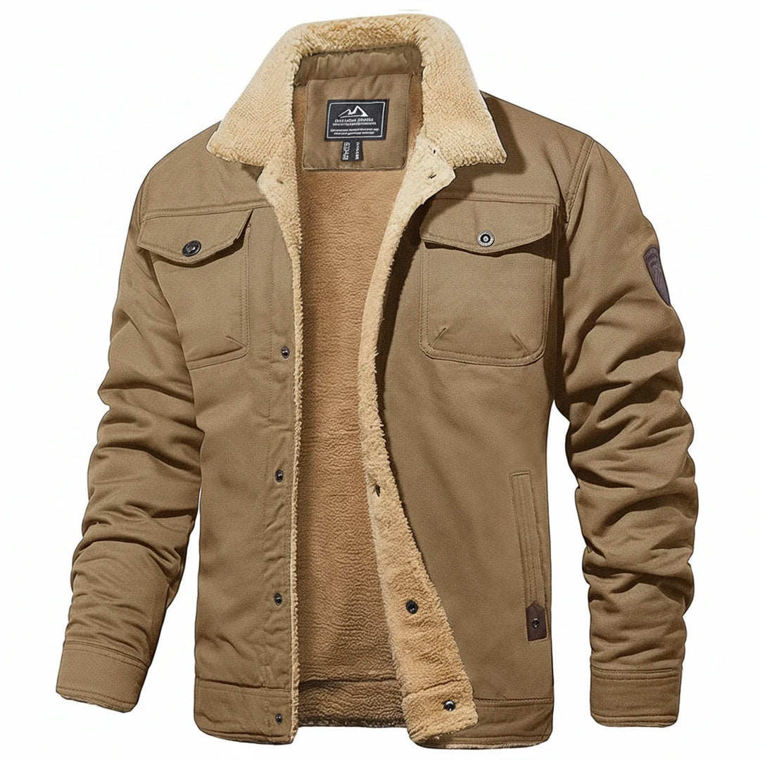 Khaki Sherpa Lined Trucker Jacket front view