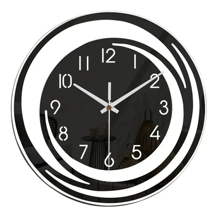 Black and White Silent Swirl Wall Clock front view on white