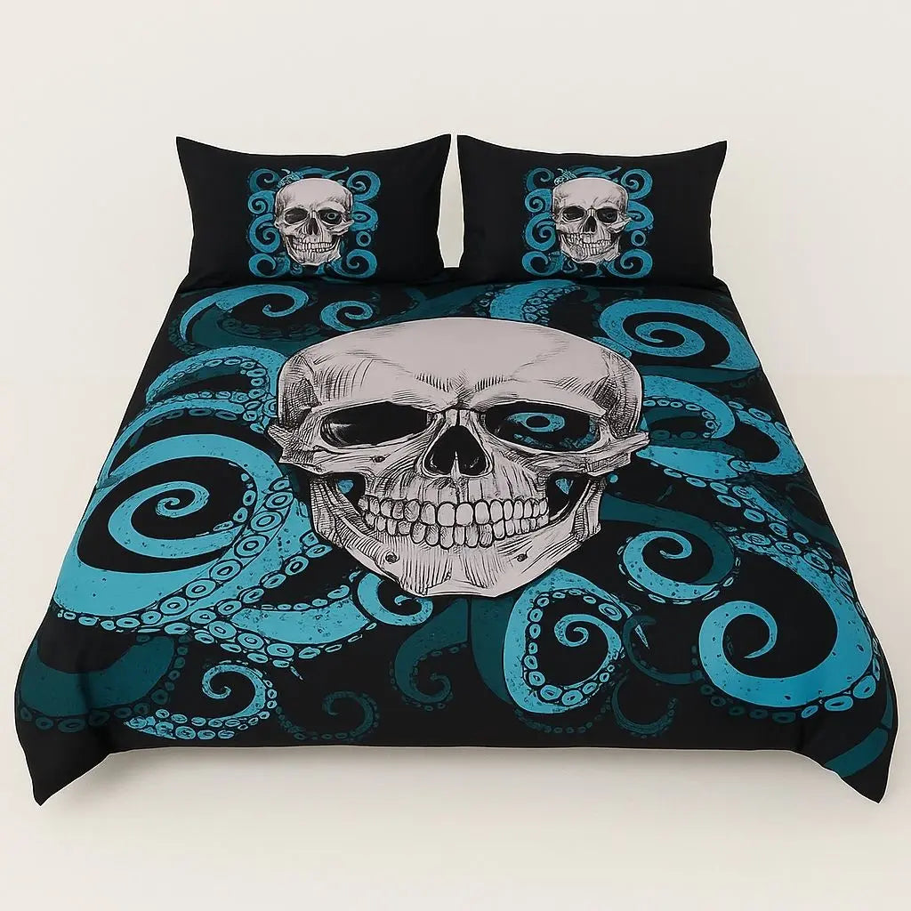Black Skull and Tentacle Print Duvet Cover Set front view