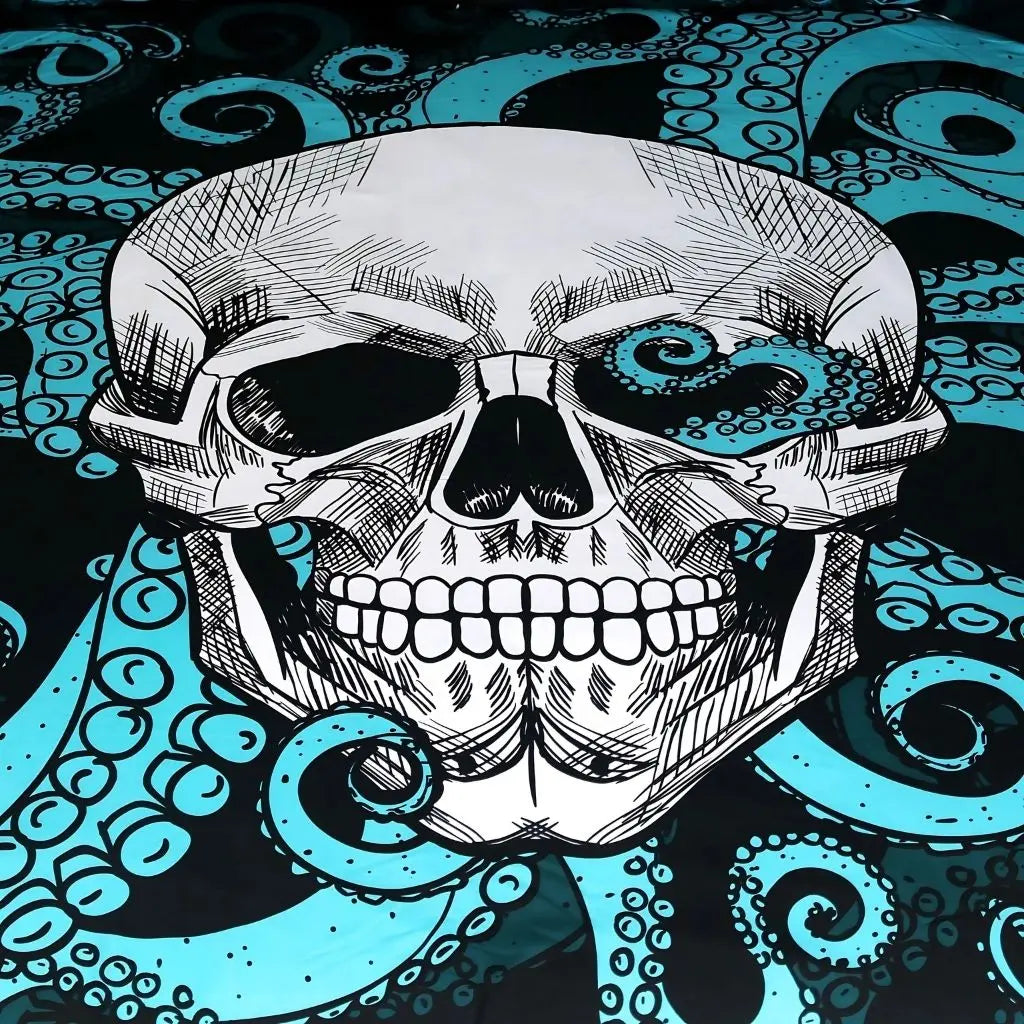 Skull and Tentacle Print Duvet Cover Set print close-up