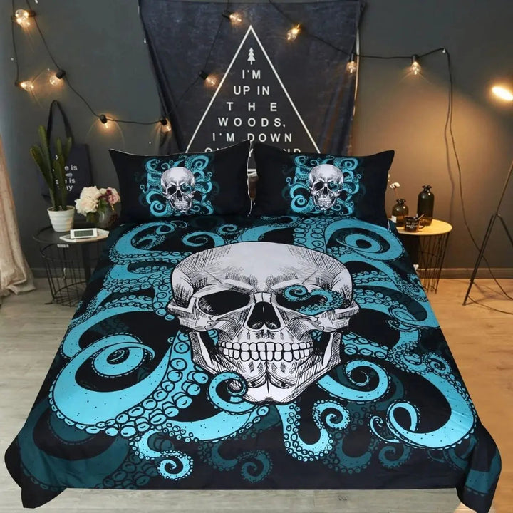Black Skull and Tentacle Print Duvet Cover Set in bedroom lifestyle